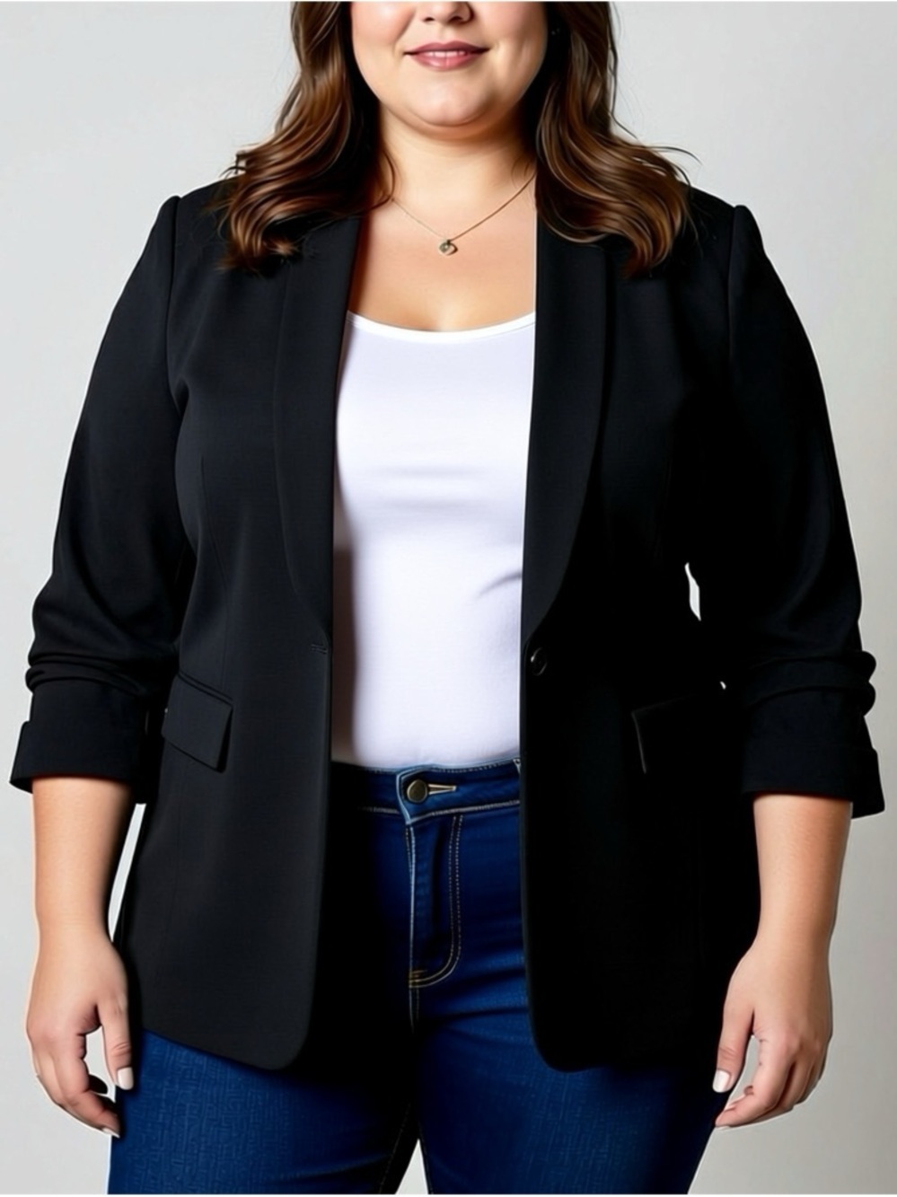 Vince Camuto Ruched Sleeve Blazer Size 22 W Black Hook Closure Collared Vneck